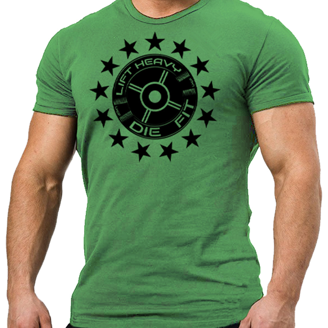 45lb Plate and Stars Gym T Shirt in kelly green, front view, unisex regular fit tee with plate graphic