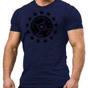 45lb Plate and Stars Gym T Shirt in navy, front view, USA printed unisex cotton tee for gym goers