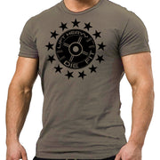45lb Plate and Stars Gym T Shirt in olive, front view, unisex regular fit cotton tee with stars design