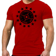 45lb Plate and Stars Gym T Shirt in red, front view, bold weight plate graphic on unisex cotton tee