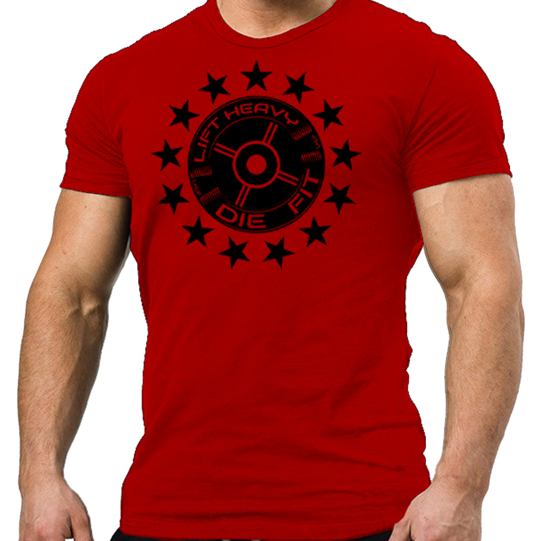 45lb Plate and Stars Gym T Shirt in red, front view, bold weight plate graphic on unisex cotton tee