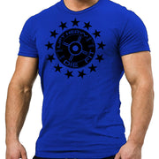 45lb Plate and Stars Gym T Shirt in royal blue, front view, unisex regular fit tee for strength training