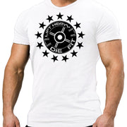 45lb Plate and Stars Gym T Shirt in white, front view, unisex cotton tee with 45lb plate and stars graphic