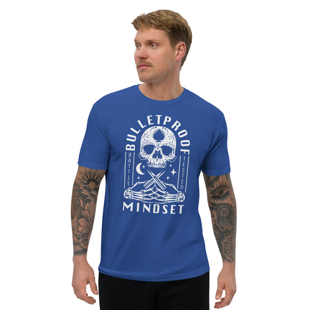 Bulletproof Mindset unisex t shirt in royal blue front view, breathable cotton regular fit motivational workout tee
